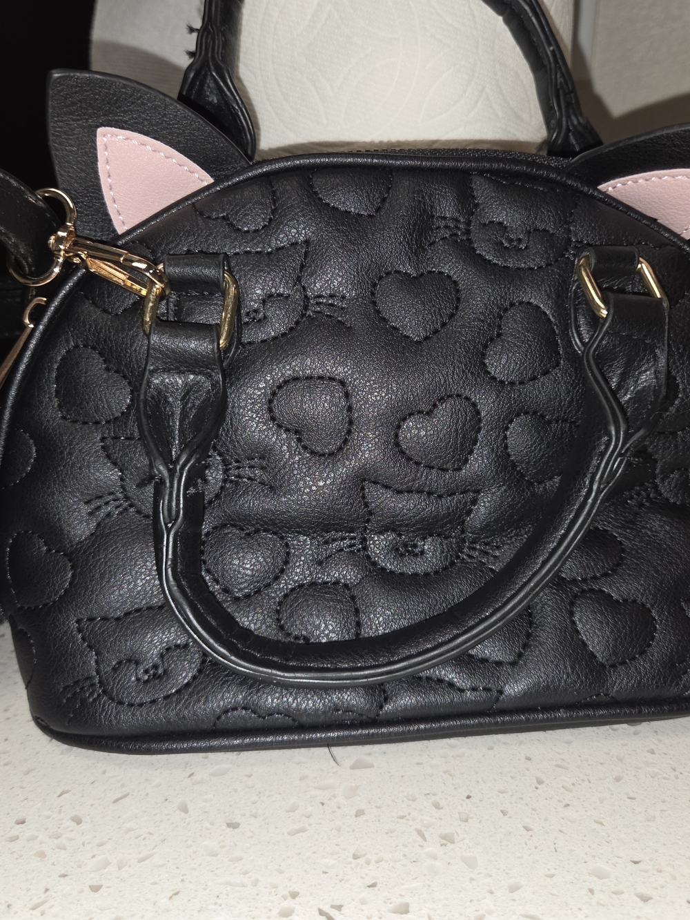 Under One Sky Black Quilted Heart Cat-Ear Mini Handbag with Pink Ear Insets